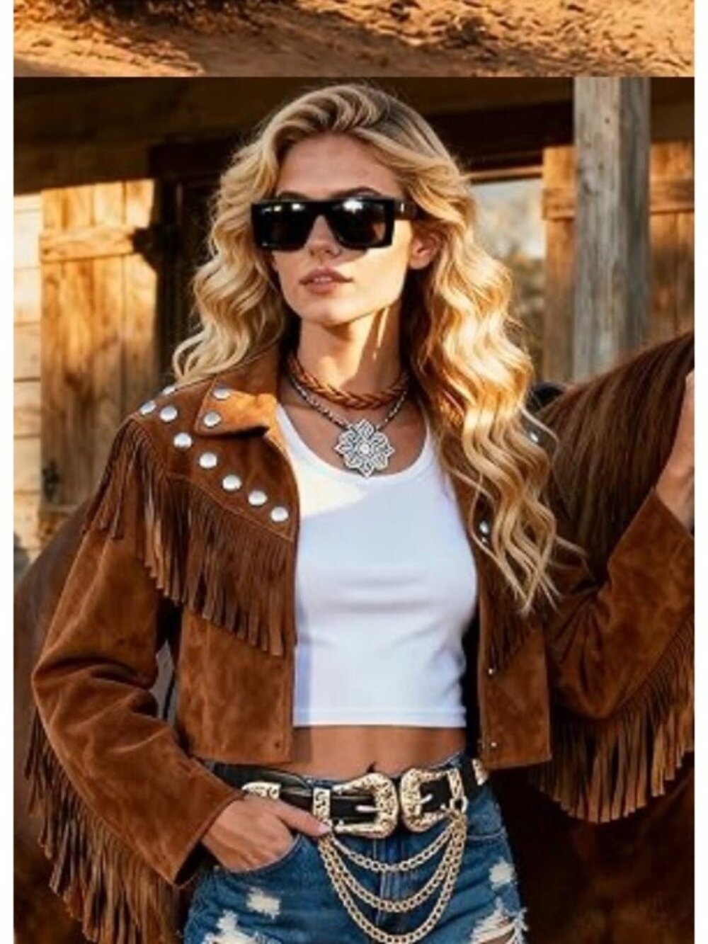 Western Inspired Black Elastic Chain Belt wGold-Tone Buckles & Chains Stretch - Picture 2 of 11